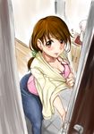  1girl ass blush breasts brown_eyes brown_hair cleavage commentary_request denim door dressing earrings from_above from_outside housewife jeans jewelry kirikirimai_(kkm) large_breasts long_hair looking_at_viewer mature mole mole_under_mouth opening_door original pants ponytail solo 