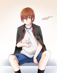  baseball brown_hair gym_uniform highres jacket_on_shoulders little_busters! male_focus miyoshi_yun natsume_kyousuke red_eyes sitting solo 