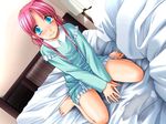  1girl artist_request barefoot bed bed_sheet bedwetting blue_eyes blush copyright_request long_hair pajamas peeing pink_hair sheets solo source_request 