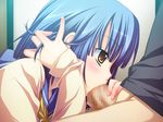  1boy 1girl adjusting_hair artist_request bangs blue_hair blush censored character_request fellatio game_cg matsunami_shiro miko-san_to_issho! oral penis school_uniform score_(company) short_hair source_request yaya_hinata yellow_eyes 