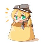  blonde_hair blush chibi food green_eyes hat kantai_collection long_hair low_twintails lowres minigirl open_mouth prinz_eugen_(kantai_collection) pudding pun rebecca_(keinelove) smile solo twintails 