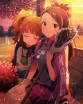  artist_request brown_eyes brown_hair closed_eyes idolmaster idolmaster_(classic) idolmaster_million_live! jacket jacket_on_shoulders lacrosse_stick minase_iori multiple_girls official_art plaid plaid_skirt polo_shirt pom_poms raglan_sleeves skirt takatsuki_yayoi track_jacket 