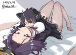  &gt;:) bare_legs barefoot character_doll dated doll_hug eyepatch headgear kantai_collection looking_at_viewer lying mechanical_halo mku on_bed open_mouth purple_eyes purple_hair school_uniform short_hair skirt smile solo tatsuta_(kantai_collection) tenryuu_(kantai_collection) twitter_username v-shaped_eyebrows yellow_eyes 