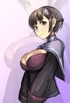  breasts brown_eyes brown_hair gradient gradient_background highres large_breasts looking_at_viewer original parted_lips purple_background short_hair solo white_background yaziri zoom_layer 