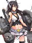 abs bare_shoulders black_gloves black_hair black_legwear breasts cannon cleavage elbow_gloves fingerless_gloves garter_straps gloves hair_ornament highres kantai_collection large_breasts long_hair looking_at_viewer midriff miniskirt nagato_(kantai_collection) pink_eyes shirt skirt sleeveless sleeveless_shirt solo thighhighs uumenn very_long_hair zettai_ryouiki 