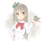  animalization bird bird_on_hand blush bow brown_hair dot_nose green_bow hair_bow hand_on_hip kureto long_hair long_sleeves love_live! love_live!_school_idol_project minami_kotori minami_kotori_(bird) neck_ribbon one_side_up red_ribbon ribbon shirt smile solo upper_body white_shirt yellow_eyes 