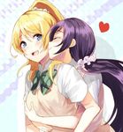  :d ayase_eli blonde_hair blue_eyes blush cheek_kiss closed_eyes green_ribbon heart hug hug_from_behind kiss long_hair looking_at_another love_live! love_live!_school_idol_project md5_mismatch multiple_girls nochita_shin open_mouth otonokizaka_school_uniform ponytail ribbon school_uniform scrunchie short_sleeves skirt smile toujou_nozomi twintails vest white_scrunchie yuri 