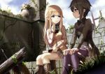  2girls aliasing ange_le_carr&eacute; aqua_eyes aya223 blonde_hair blue_eyes book boots bow brown_hair clouds dress grass long_hair pantyhose princess_(princess_principal) princess_principal ruins short_hair skirt sky wristwear 