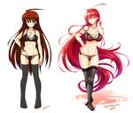  2009 2014 absurdly_long_hair ahoge artist_progress bare_shoulders black_bra black_legwear black_panties blush bow bow_bra bow_panties bra breasts comparison cross cross_necklace earrings frilled_bra frilled_panties frills full_body hair_tousle hand_in_hair hand_on_hip huge_ahoge jewelry large_breasts lingerie long_hair looking_at_viewer multiple_views navel necklace no_shoes okine_(okitakung) okitakung original panties red_eyes red_hair side-tie_panties simple_background skindentation smile standing strap_slip string_panties thighhighs twitter_username underwear underwear_only very_long_hair white_background 