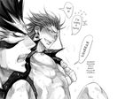  2boys blush bottomless censored earrings eyeshield_21 from_behind gaou_rikiya grabbing grin harikonotora in_lap jewelry long_hair male_focus marco_reiji monochrome multiple_boys muscle nipple_play nipples open_clothes open_shirt scar set shirt simple_background size_difference smile spread_legs sweat tears translated very_long_hair yaoi 