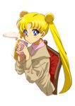  anime_coloring bishoujo_senshi_sailor_moon blonde_hair blowing blue_eyes chair cup double_bun jacket long_hair matyaha official_style solo steam teacup tsukino_usagi twintails white_background 