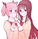  akemi_homura blush earrings gradient hair_ribbon headband heart heart_hands heart_hands_duo jewelry juliet_sleeves kaname_madoka long_hair long_sleeves looking_at_another looking_at_viewer mahou_shoujo_madoka_magica multiple_girls only_norisu puffy_sleeves red_ribbon ribbon school_uniform simple_background smile twintails yuri 