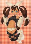  :d animal_ears aqua_eyes bangs bare_shoulders black_legwear blush breasts brown_hair bunny_ears bunny_tail choker cosplay crop_top dark_skin elbow_gloves fake_animal_ears fake_tail full_body gen_4_pokemon gloves halterneck jewelry long_hair looking_at_viewer lopunny lopunny_(cosplay) low-tied_long_hair mega_lopunny mega_lopunny_(cosplay) mega_pokemon midriff navel open_mouth outline paw_shoes paws pendant plaid plaid_background pokemon pokemon_(game) pokemon_xy quad_tails sana_(pokemon) scrunchie shiny shiny_skin shoes short_shorts shorts skindentation small_breasts smile solo tail thighhighs toranoe torn_clothes torn_legwear turtleneck twintails 