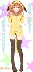  :d alternate_costume black_legwear blush_stickers brown_eyes brown_hair cosplay dot_nose fang gen_1_pokemon hair_ornament hairclip highres hood hoodie ikazuchi_(kantai_collection) kantai_collection long_legs long_sleeves looking_at_viewer no_shoes older open_mouth pikachu pikachu_(cosplay) pikachu_tail pokemon power_connection pun shijima_(sjmr02) short_hair shorts smile solo standing star tail thighhighs translated twitter_username white_background yellow_hoodie yellow_shorts 
