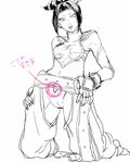  80yakky bare_shoulders bracelet drill_hair dudou halter_top halterneck han_juri hand_on_hip hand_on_leg jewelry monochrome pink_eyes solo spiked_bracelet spikes street_fighter street_fighter_iv_(series) tongue tongue_out translation_request twin_drills 