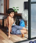 1boy black_hair child door drinking_glass fan floor indoors japanese male male_focus navel original plant realistic school_bag short_hair shorts sitting solo summer sweat table to1989 topless 