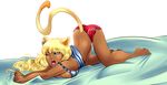 animal_ears ass back barefoot bed_sheet black_sclera blonde_hair blue_eyes borrowed_character breast_press breasts butterfly_hair_ornament cat_ears cat_tail cleavage dark_skin dimples_of_venus hair_ornament large_breasts lipstick long_hair makeup one_eye_closed open_mouth original sheet_grab short_shorts shorts solo striped tail tank_top thais_(tcs1992) top-down_bottom-up yawning 