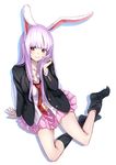  animal_ears black_legwear blazer blush bunny_ears jacket kyon_(fuuran) long_hair looking_at_viewer necktie pleated_skirt purple_hair red_eyes red_neckwear reisen_udongein_inaba simple_background sitting skirt smile sock_pull socks solo touhou white_background 