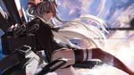  amatsukaze_(kantai_collection) ass bad_id bad_pixiv_id black_dress black_panties blue_sky brown_eyes cannon dress hair_tubes highres kantai_collection long_hair long_sleeves looking_at_viewer neckerchief panties pantyshot red_legwear sailor_dress short_dress silver_hair sky solo swd3e2 thighhighs thong two_side_up underwear upskirt very_long_hair 