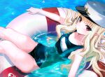  1girl bare_arms bare_shoulders black_swimsuit blonde_hair breasts commission fine_fabric_emphasis ha_en hat highleg highleg_swimsuit innertube long_hair looking_at_viewer lying one-piece_swimsuit original peaked_cap pointy_ears red_eyes revision school_swimsuit small_breasts smile solo swimsuit thighs water wet white_headwear 