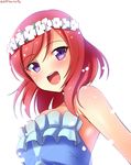  :d bare_shoulders blue_dress blush breasts dated dress frills hair_ornament head_wreath highres looking_at_viewer love_live! love_live!_school_idol_project medium_breasts nishikino_maki open_mouth pink_hair purple_eyes red_hair short_hair signature simple_background smile solo white_background yu-ta yume_no_tobira 