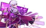  add_(elsword) bodysuit ch_(pixiv) coat elsword fingerless_gloves gloves grey_hair hair_ornament hairclip madoka_runes mahou_shoujo_madoka_magica male_focus purple_bodysuit purple_eyes purple_sclera smile solo staff_(music) 