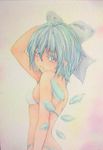  bikini blue_eyes blue_hair bow cirno grey_background hair_bow hand_on_own_head ice ice_wings looking_at_viewer looking_to_the_side short_hair shoulder_blades solo swimsuit touhou traditional_media upper_body watercolor_(medium) white_bikini wings yuyu_(00365676) 
