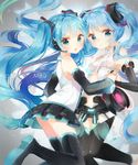 blue_hair boots bridal_gauntlets center_opening character_name detached_sleeves dual_persona hatsune_miku hatsune_miku_(append) hatsune_miku_(vocaloid3) headset highres holding_hands interlocked_fingers jimmy long_hair multiple_girls necktie skirt thigh_boots thighhighs twintails very_long_hair vocaloid vocaloid_append 