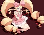  bad_id bad_pixiv_id big_hair blonde_hair boots bow dress drill_hair eyepatch frills hair_bow harime_nui highres inja kill_la_kill long_hair pink_bow pink_footwear solo strapless strapless_dress tongue tongue_out twin_drills twintails wrist_cuffs 