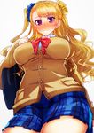  akai_kagerou asymmetrical_hair bag blush breasts cardigan from_below galko gyaru kogal large_breasts long_hair looking_at_viewer looking_down one_side_up oshiete!_galko-chan purple_eyes school_uniform scrunchie shoulder_bag side_bun skirt solo 