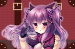  animal_ears bow cat_ears coat glass hair_bow hair_ribbon holding long_hair mittens mizuki_yuuma original purple_eyes purple_hair ribbon scarf solo steam two_side_up 