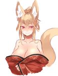  animal_ears bare_shoulders blonde_hair breasts cleavage fox_ears fox_tail ganesagi japanese_clothes kimono large_breasts looking_at_viewer off_shoulder original red_eyes simple_background smile solo tail upper_body white_background 
