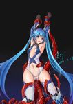  2014 absurdres alternate_breast_size armpits arms_up black_background blue_background blue_eyes blue_hair breasts center_opening cum dated gloves gradient gradient_background highres long_hair mecha_musume navel ore_twintail_ni_narimasu restrained revealing_clothes signature small_breasts solo tailblue tentacles thighhighs twintails zsy_(zsy433) 