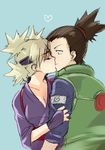  1girl bad_id bad_pixiv_id black_hair blonde_hair hetero japanese_clothes kiss long_hair nara_shikamaru naruto naruto_(series) ponytail quad_tails syaruro-to temari 