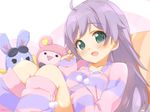  ahoge blush colored_stripes green_eyes kaisen_chuui long_hair looking_at_viewer manaka_lala open_mouth pajamas pretty_(series) pripara purple_hair smile solo striped stuffed_toy 