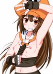  arm_up armpits between_breasts blush breasts brown_eyes brown_hair clothes_between_breasts fang grin guilty_gear hat long_hair may_(guilty_gear) midriff navel nipples no_bra orange_hat perky_breasts pirate_hat ponkotsu skull_and_crossbones small_breasts smile solo v 