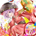  bowl chikuwa_savi holding holding_needle japanese_clothes kimono long_sleeves looking_at_viewer mallet miracle_mallet needle obi open_mouth purple_eyes purple_hair sash short_hair solo sukuna_shinmyoumaru teeth touhou wide_sleeves 