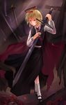  androgynous blonde_hair cape cross ex-rumia halo highres light_particles light_rays naoki_yukira red_eyes rumia shirt short_hair skirt solo sword torn_cape torn_clothes touhou vest weapon 