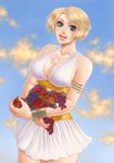  apple arisen_(dragon's_dogma) armlet arusha blonde_hair blue_eyes blue_sky bracelet breasts cleavage day dragon's_dogma food fruit grapes halter_top halterneck holding holding_food holding_fruit jewelry large_breasts lips midriff scar short_hair skirt skirt_set sky smile solo 