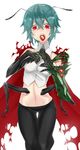  absurdres antennae bifrst cape earrings fangs green_hair highres insect_girl jewelry midriff monster_girl multiple_arms navel open_mouth red_eyes short_hair solo touhou wings wriggle_nightbug 