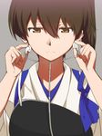  brown_eyes brown_hair earphones earphones_removed grey_background hair_between_eyes highres japanese_clothes kaga_(kantai_collection) kantai_collection looking_down muneate nanaku_teiru short_hair side_ponytail simple_background solo tasuki upper_body 