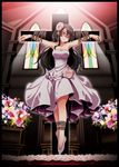  bad_id bad_pixiv_id bare_shoulders blush bound bouquet breasts brown_hair closed_mouth cross crucifixion defeat dress flower hair_flower hair_ornament highres large_breasts long_hair original restrained ribbon rope s-syogo shoes solo stained_glass strapless strapless_dress tied_up wedding_dress white_dress white_footwear wince 