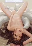  ahri alternate_breast_size animal_ears arm_up black_hair blush breasts doyora facial_mark fang fingering fox_ears fox_tail league_of_legends long_hair looking_at_viewer lying masturbation multiple_tails nipples nude on_back open_mouth panties panties_around_one_leg pussy pussy_juice small_breasts solo spread_legs sweat tail underwear upside-down whisker_markings yellow_eyes 