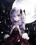  ascot bad_id bad_pixiv_id bow darkness dress flandre_scarlet flower full_moon hair_bow kaguyakyou looking_at_viewer moon moonlight night puffy_short_sleeves puffy_sleeves red_dress red_eyes rose shirt short_sleeves side_ponytail silver_hair solo touhou white_flower white_rose wings wrist_cuffs 