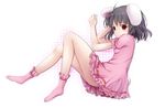  animal_ears black_hair bunny_ears bunny_tail dress frilled_dress frills highres inaba_tewi k-sk_style looking_at_viewer pink_dress polka_dot polka_dot_background red_eyes short_hair short_sleeves simple_background socks solo tail touhou white_background 