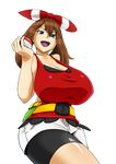  alternate_breast_size bandana belt bike_shorts blue_eyes breasts brown_hair cleavage gigantic_breasts haruka_(pokemon) holding holding_poke_ball maydrawfag poke_ball pokemon pokemon_(game) short_hair shorts shorts_under_skirt smug solo transparent_background 