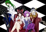  blue_eyes book brown_hair checkered couch crossed_legs frog green_eyes green_hair grey_hair hair_ornament hairband hakurei_reimu hand_on_own_cheek hand_on_own_face heart hiroaki_(huruhonya) kochiya_sanae komeiji_koishi komeiji_satori multiple_girls purple_hair red_eyes silk sitting smile spider_web thighhighs third_eye touhou 