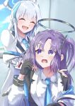  2girls absurdres black_gloves black_necktie black_suit blue_archive blue_necktie chaosdr6 closed_eyes commentary_request embarrassed formal_clothes gloves grey_hair hair_between_eyes hair_ornament halo headphones highres indoors jacket jacket_partially_removed long_hair mechanical_halo multiple_girls necktie noa_(blue_archive) open_clothes open_jacket pencil purple_eyes purple_hair smile standing suit surprised twintails white_jacket white_suit yuuka_(blue_archive) 
