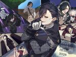  1boy 1girl 2026 arm_up bags_under_eyes black_cape black_hair black_jacket blank_speech_bubble bowing brown_pants brown_vest butler cape closed_eyes commentary_request dated edelgard_von_hresvelg fire_emblem fire_emblem:_three_houses garreg_mach_monastery_uniform gloves green_eyes happy_birthday highres holding holding_weapon hubert_von_vestra index_finger_raised jacket long_hair long_sleeves looking_to_the_side male_focus multiple_views open_mouth outdoors pants parted_hair red_shirt school_uniform shirt sideways_glance speech_bubble sword tree uluchi_rice vest watermark weapon white_gloves white_hair white_shirt wiping_face 
