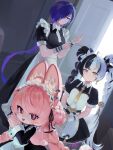  3girls animal_ear_fluff animal_ear_piercing animal_ears black_dress black_hair blue_hair braid braided_twintails bright_pupils closed_mouth commentary_request dialyn_(zenless_zone_zero) dress earrings enmaided furry furry_female hair_extensions hair_over_one_eye highres jewelry long_hair looking_at_viewer maid maid_headdress multicolored_hair multiple_girls necktie open_mouth parted_lips pink_fur pink_hair promeia_(zenless_zone_zero) purple_eyes rabbit_ears rabbit_girl red_eyes ring_hair_extensions smile split-color_hair uixy white_hair white_pupils yellow_eyes yellow_necktie zenless_zone_zero zhao_(zenless_zone_zero) 